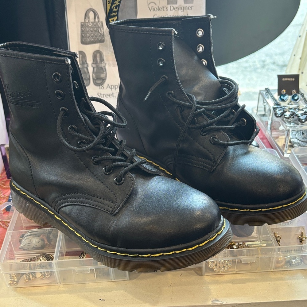 Dr. Martens Black Leather Lace-Up Boots with Yellow Stitching